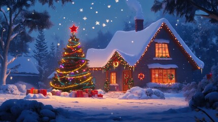 Fototapeta premium A heartwarming holiday greeting with a joyful house adorned with a Christmas tree, snowflakes, and colorful decorations, conveying happiness and festive cheer