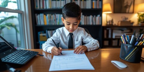 A remote learning coordinator reviewing student progress reports and giving feedback, seated at a desk with school materials