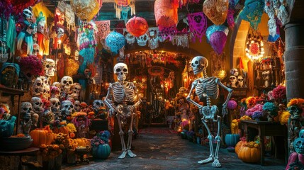 Obraz premium A lively scene of de los Muertos celebrations in San Miguel De Allende, featuring colorful sugar skeletons and decorations, embodying the spirit of remembrance and festivity