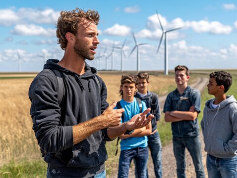 A renewable energy technician explaining the benefits of wind energy to a group of students on a field trip to a wind farm