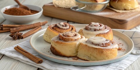 Freshly baked cinnamon rolls with a sweet vanilla glaze, sprinkled with cinnamon and a hint of star anise, served on a pale blue plate with a white napkin