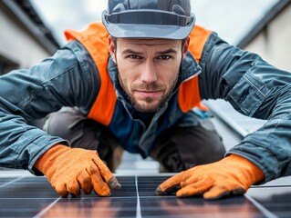 Fototapeta premium A renewable energy technician inspecting solar panels on a rooftop, ensuring proper alignment and functionality