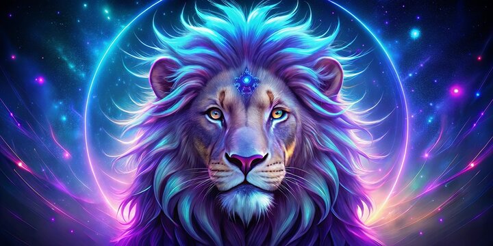 A Majestic Lion with Cosmic Mane and a Gleaming Third Eye, Surrounded by Celestial Brilliance