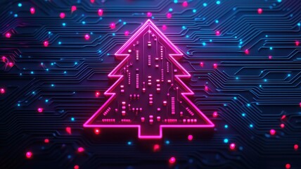 A digital Christmas tree glows neon pink against a dark tech background filled with colorful circuit patterns and festive lights.