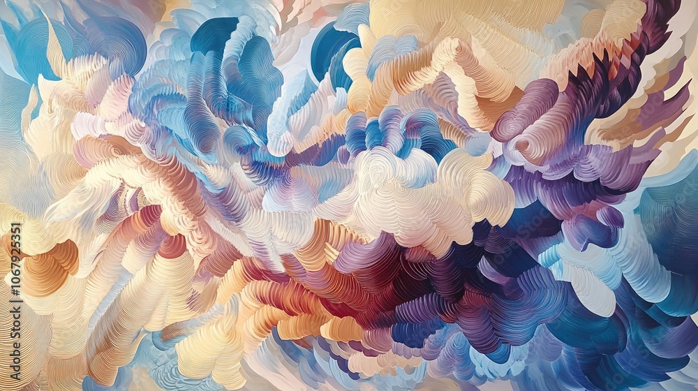 Aufkleber A vibrant fractal pattern with zigzagging lines in hues of blue, violet, beige, and white, creating a sense of fluid chaos and movement across the canvas