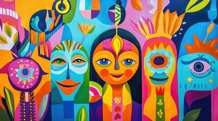 A vibrant street art mural showcasing a multicultural festival theme with bright, energetic colors and symbols of unity and joy