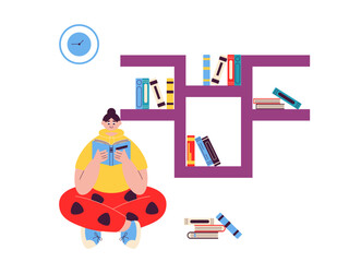 Reading reading in library. Library illustrations. Flat vector illustration.