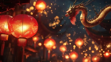 Traditional Chinese lanterns glowing red and gold, with a majestic dragon swirling through the night sky, signaling a bright and prosperous New Year