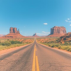 Fototapeta premium A scenic highway leading to iconic rock formations under a clear blue sky.
