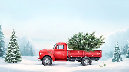 
vibrant red truck loaded with a lush christmas tree surrounded by a snowy winter landscape capturing the joy and warmth of the holiday season, acrylic watercolor painting.