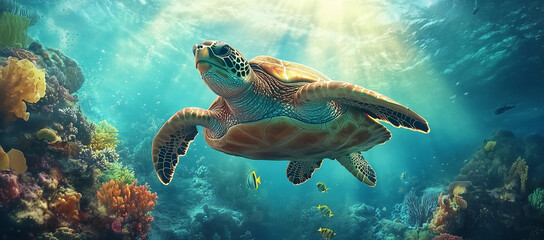 Obraz premium sea turtle gliding peacefully through the ocean depths, surrounded by schools of fish
