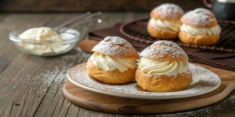 Cream Puffs with Whipped Cream and Powdered Sugar on a White Plate
