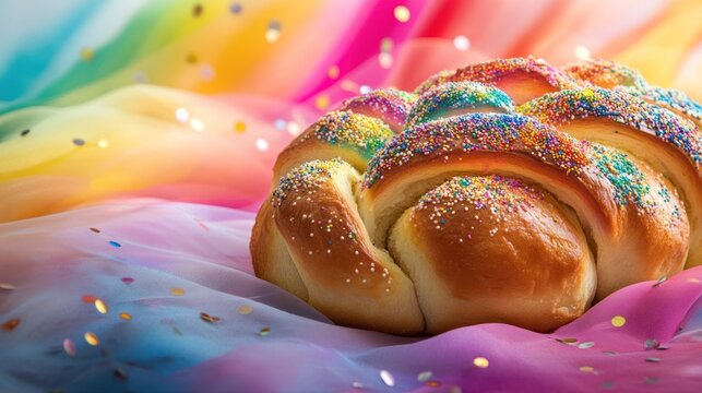 A rainbow challah bread with sprinkles on a colorful background.