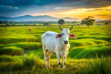 Fototapeta premium Aerial View of a Majestic White Brahman Cow Standing Gracefully in a Lush Green Field in Thailand, Showcasing the Beauty of Livestock in Southeast Asia's Rural Landscape