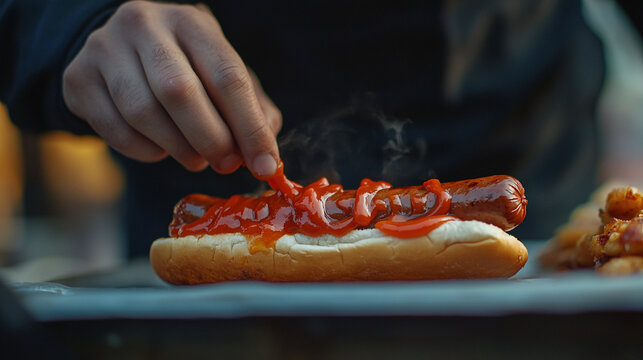 A person adding ketchup to a hot dog at a busy street food stand in the evening