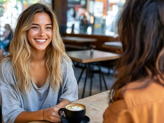 A sales representative negotiating terms with a client over coffee, offering a friendly smile and persuasive communication