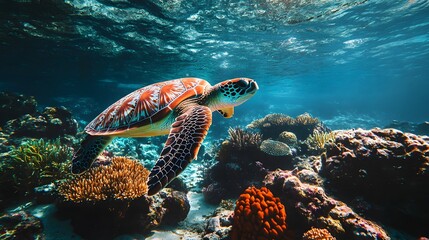 Fototapeta premium A sea turtle swimming through vibrant coral reefs