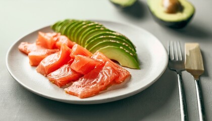 A plate of avocado and salmon slices