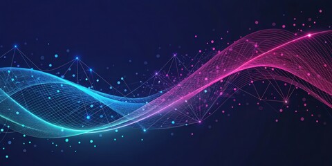 Obraz premium Abstract Digital Wave with Interconnected Network of Lines and Dots in Vibrant Hues of Blue and Pink