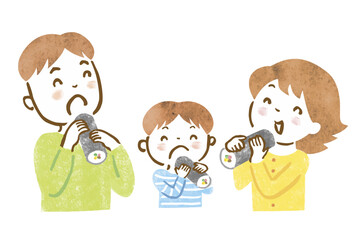 恵方巻きを食べている3人家族の手描きイラスト
