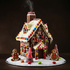 A large, decorated chocolate house with white icing and colorful candy details.