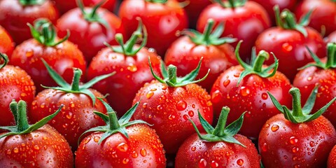 Fototapeta premium Close-up of fresh ripe cherry tomatoes, with vibrant red color and water droplets, ideal for food and agriculture concepts