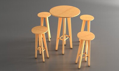 High wooden table and chairs on white background.