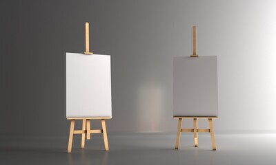 Wooden easel with blank canvas on light background. Space for text. Wooden easel with free space ready for your advertisements and presentations.