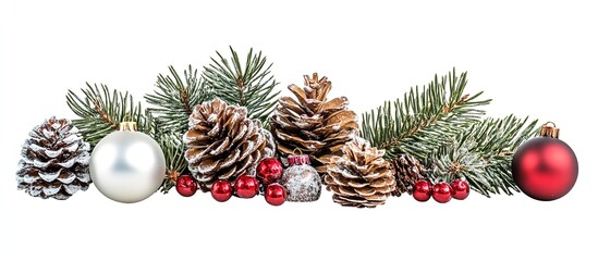 Festive arrangement of pinecones, ornaments, and greenery.