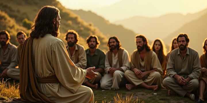 Jesus&rsquo; Sermon on the Mount, Jesus speaking to a crowd seated on a hillside, each face attentive and curious