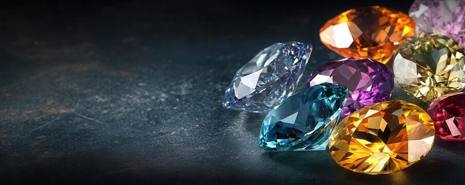 An elegant selection of highquality gems, displayed on a dark background with soft lighting to emphasize their sparkle