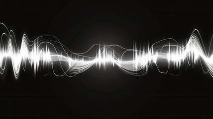 Black background with white sound wave pattern, neon light effect, smooth curves and edges, abstract audio visualization