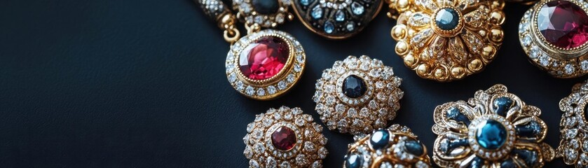 Bold jewelry pieces with intricate designs, displayed on a contrasting background to enhance their colors and textures