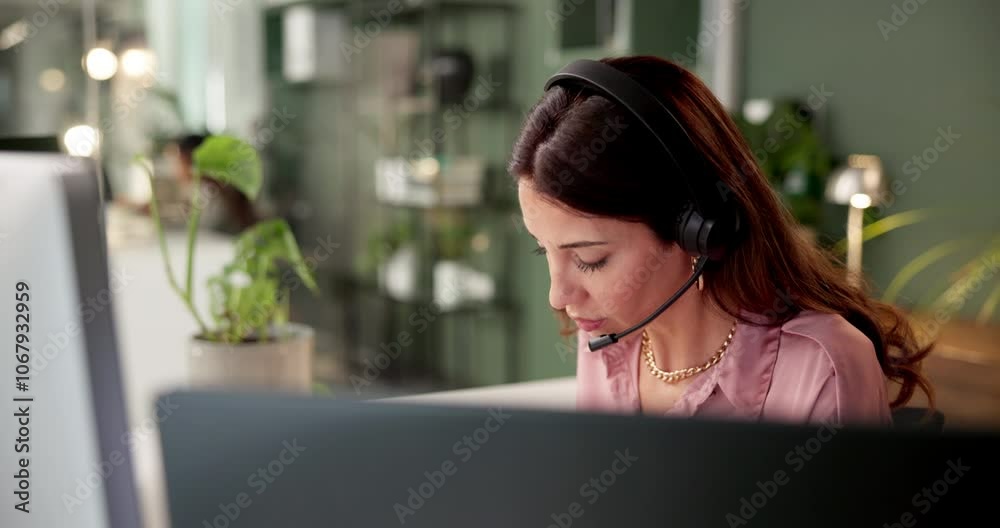 Aufkleber communication, computer and support with woman in call center office for advice or consulting. conve
