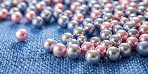 Gray and pink pearl beads scattered on blue cotton fabric, textile background, pearls, beads, grey, pink, blue, cotton