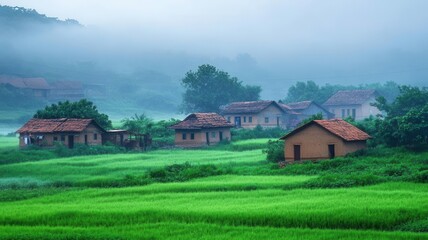 Rustic rural village with small mud huts and green fields, early morning mist creating a soft, serene atmosphere, tranquil and lush landscape