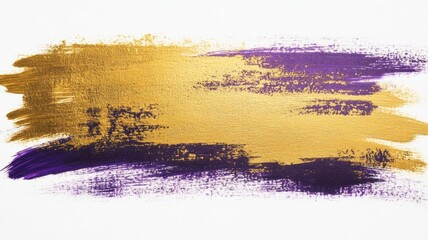 Textured gold and purple brush strokes on a white background, bold and dynamic art, capturing metallic reflections