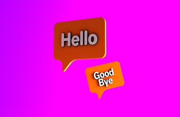 Hello and good bye speech bubble banner. Message bubble concept with text Hello, Hi. Greeting in chat. Communication concept. Cartoon design element isolated on pink background.	
