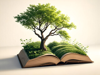 An open book with a colorful tree emerging from the pages