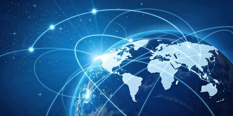 A vibrant blue globe with a network of glowing lines representing global communication and connection, set against a backdrop of twinkling stars.
