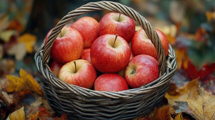 A basket filled with sweet, juicy apples set in a beautiful autumn orchard, celebrating the bountiful harvest and symbolizing seasonal gratitude and healthy, organic food.