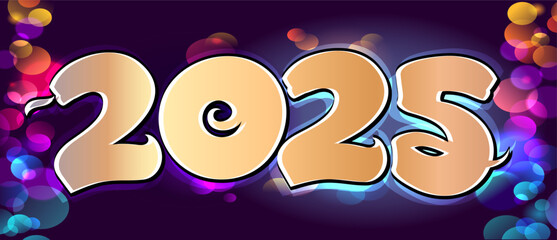 Happy New Year 2025 top banner design with golden lettering and confetti backdrop, vector illustration