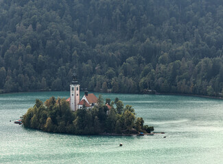 lake bled island with church (view from castle hill aerial vista above) slovenia travel tourism destination scenic mountains julian alps 