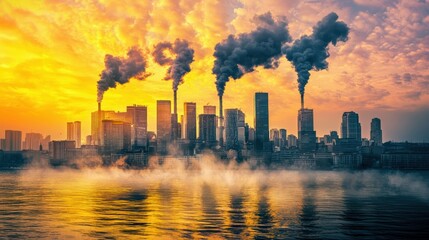 Fototapeta premium A dramatic sunset over an industrial skyline, with smoke billowing from buildings, reflecting environmental pollution and urban life.