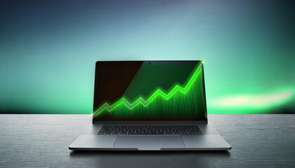 Green graph line of stock investment on laptop screen