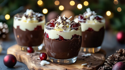 "Chocolate Cream Dessert with Cranberries and White Chocolate in Festive Setting