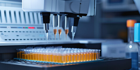 Automated Laboratory Pipette Machine Filling Test Tubes, High-Tech Robotic Pipetting System in Medical Lab