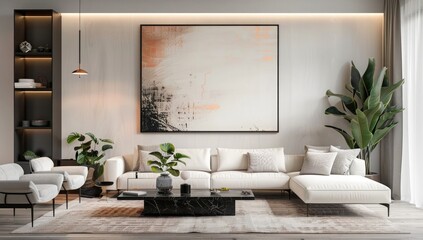 A minimalist modern living room with a large wall art frame above the sofa, showcasing an abstract painting in neutral tones of beige and peach