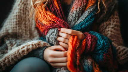 Hands Knitting a Colorful Chunky Yarn Scarf in Cozy Setting