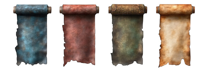 Collection of colors parchment paper, Vintage open parchment scroll isolated on transparent background